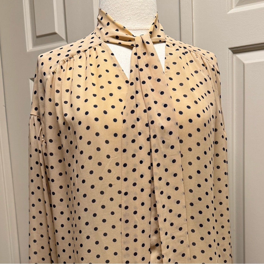 Women’s Warm Tan and Deep Navy Polka Dot Tie-Neck Blouse